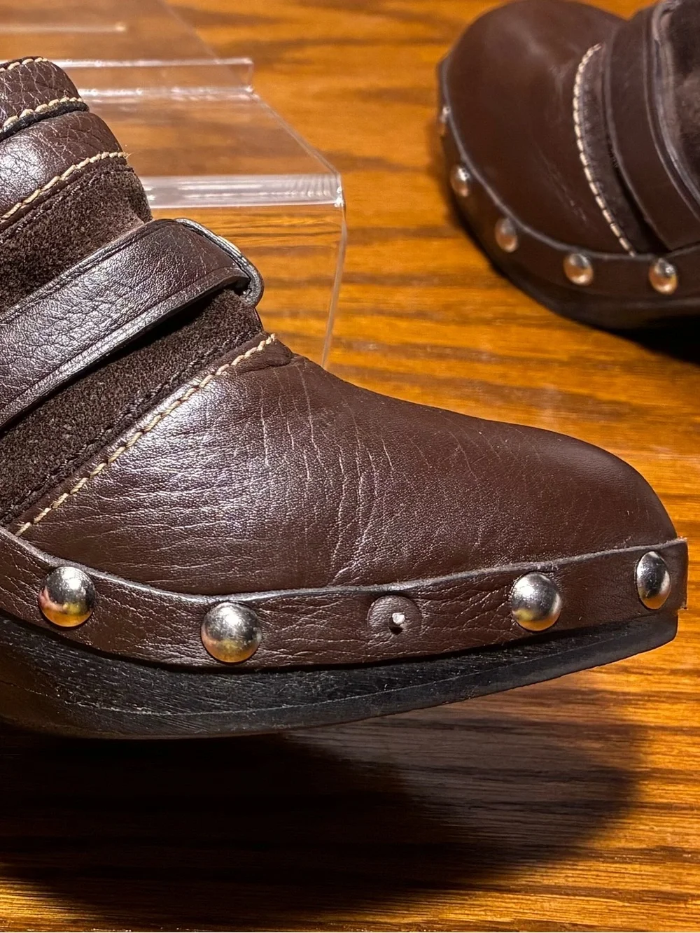 Y2K VTG Coach Horsebit Stud Wooden Heel Clogs Brown Leather Size 6